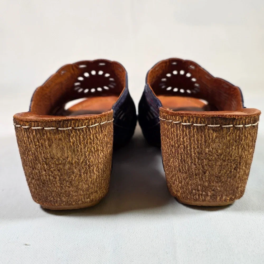 Spring Step Purple Iridescent Leather Womens 38 Wedge Slide Sandals Laser Cut